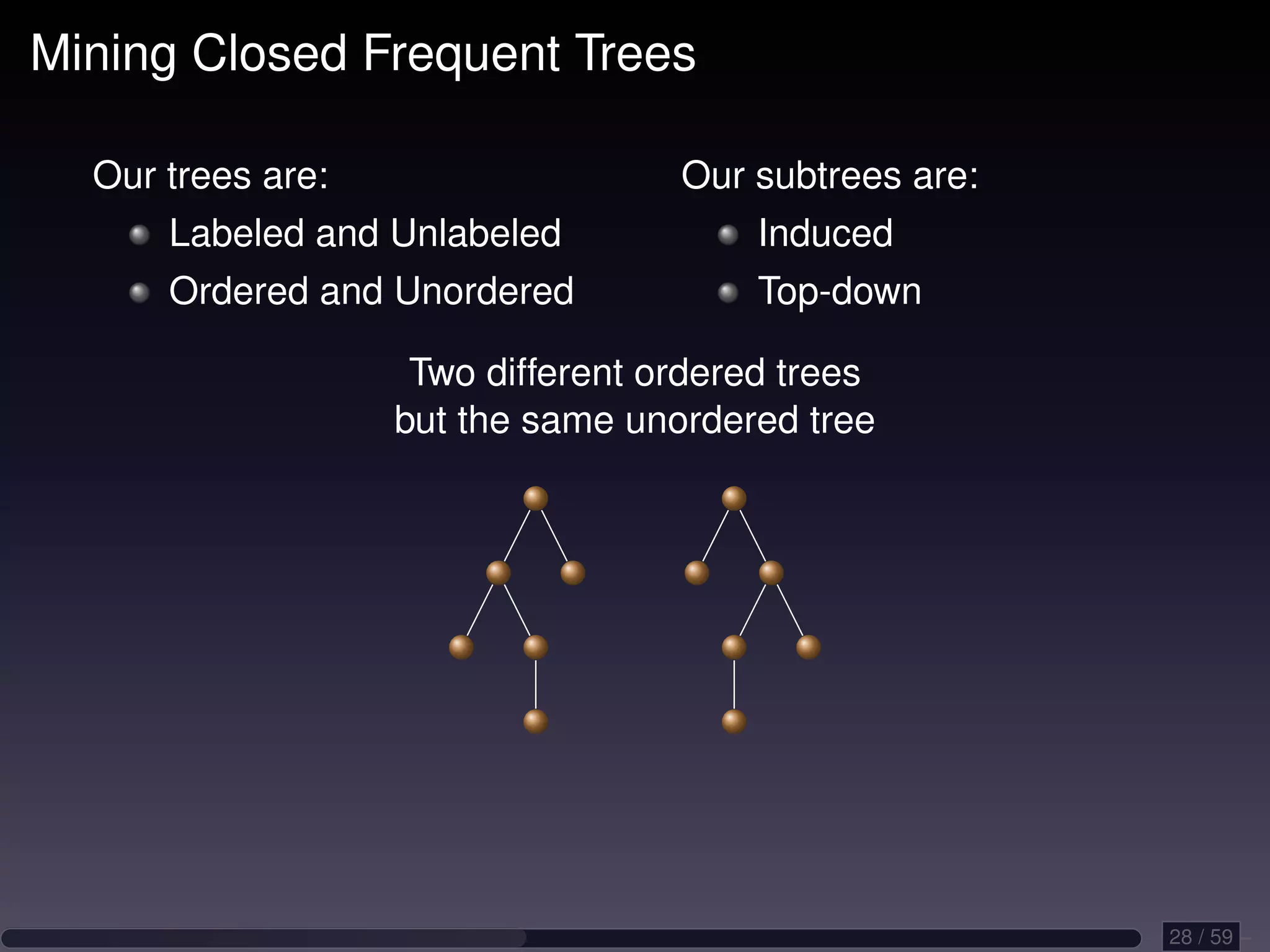 Mining Closed Frequent Trees Our trees are: Our subtrees are: Labeled and Unlabeled Induced Ordered and Unordered Top-down Two different ordered trees but the same unordered tree 28 / 59 