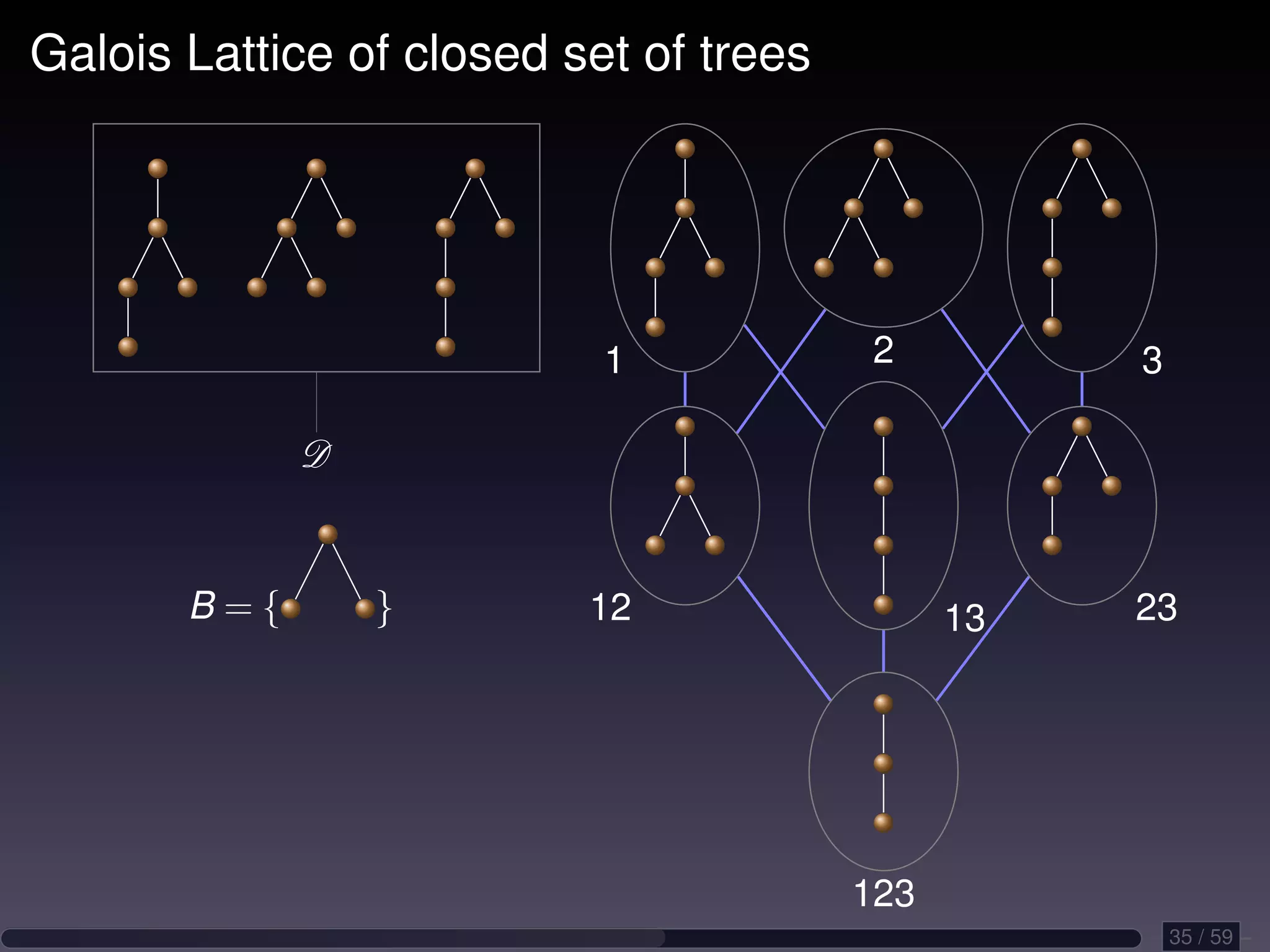 Galois Lattice of closed set of trees 1 2 3 D B={ } 12 13 23 123 35 / 59 