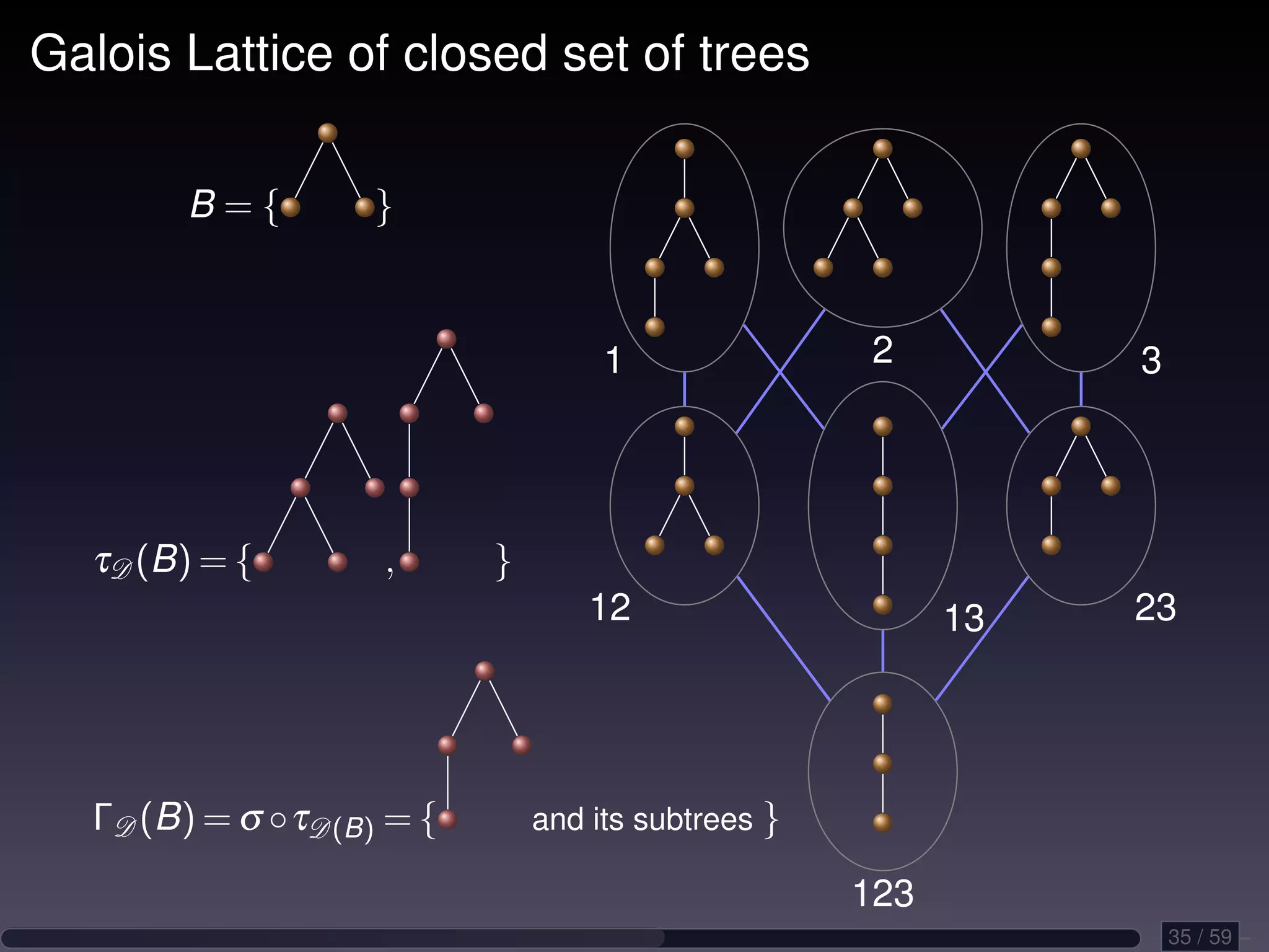 Galois Lattice of closed set of trees B={ } 1 2 3 τD (B) = { , } 12 13 23 ΓD (B) = σ ◦τD(B) = { and its subtrees } 123 35 / 59 
