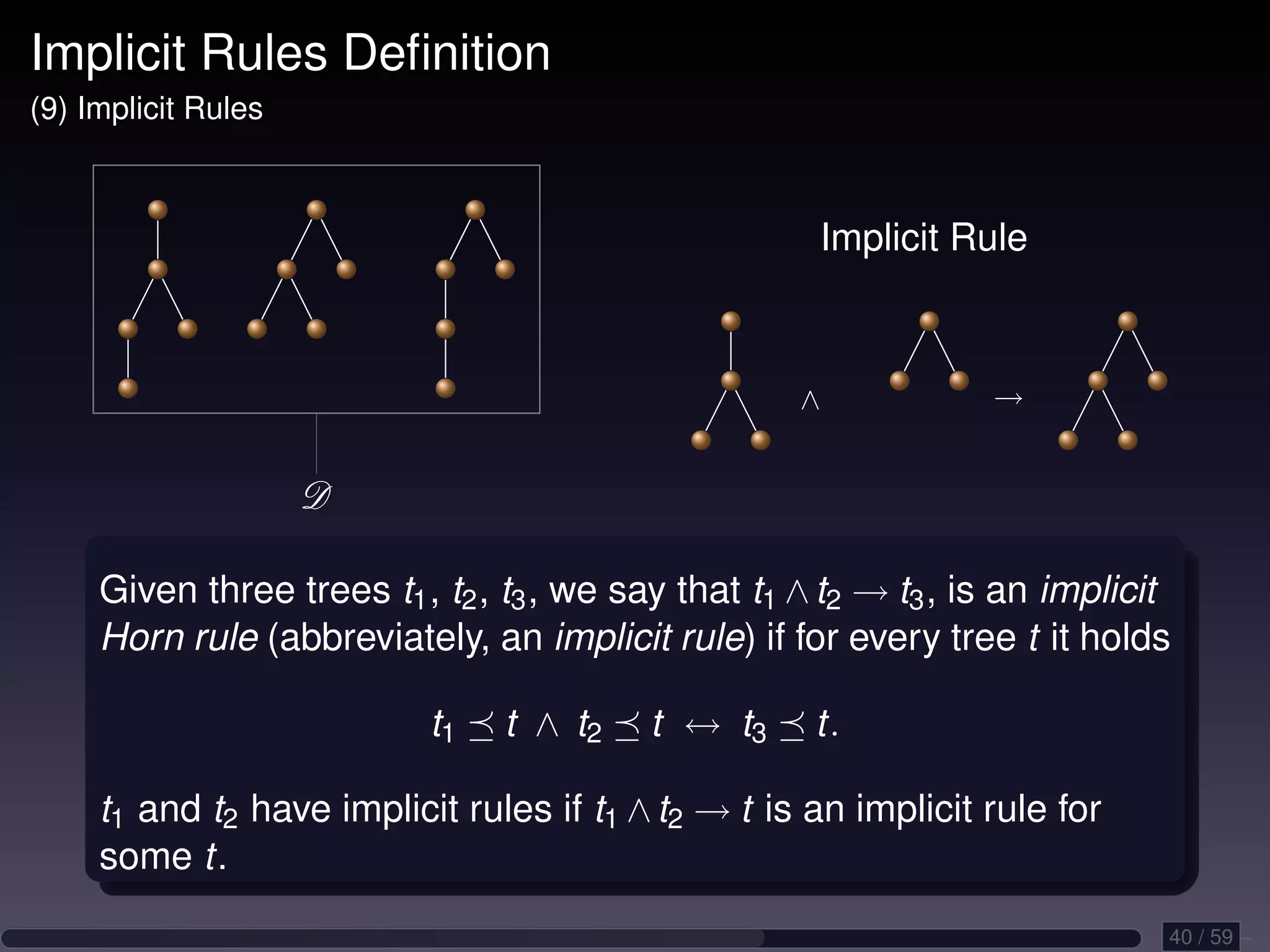 Implicit Rules Deﬁnition (9) Implicit Rules Implicit Rule ∧ → D Given three trees t1 , t2 , t3 , we say that t1 ∧ t2 → t3 , is an implicit Horn rule (abbreviately, an implicit rule) if for every tree t it holds t1 t ∧ t2 t ↔ t3 t. t1 and t2 have implicit rules if t1 ∧ t2 → t is an implicit rule for some t. 40 / 59 