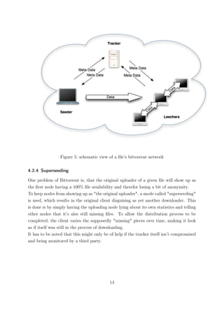 Figure 5: schematic view of a ﬁle’s bittorrent network


4.2.4 Superseeding

One problem of Bittorrent is, that the original uploader of a given ﬁle will show up as
the ﬁrst node having a 100% ﬁle availability and therefor losing a bit of anonymity.
To keep nodes from showing up as "the original uploader", a mode called "superseeding"
is used, which results in the original client disguising as yet another downloader. This
is done is by simply having the uploading node lying about its own statistics and telling
other nodes that it’s also still missing ﬁles. To allow the distribution process to be
completed, the client varies the supposedly "missing" pieces over time, making it look
as if itself was still in the process of downloading.
It has to be noted that this might only be of help if the tracker itself isn’t compromised
and being monitored by a third party.




                                           14
 