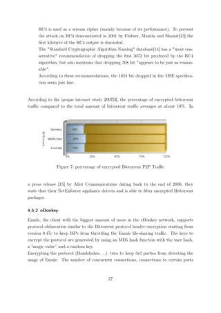 RC4 is used as a stream cipher (mainly because of its performance). To prevent
     the attack on RC4 demonstrated in 2001 by Fluhrer, Mantin and Shamir[13] the
     ﬁrst kilobyte of the RC4 output is discarded.
     The "Standard Cryptographic Algorithm Naming" database[14] has a "most con-
     servative" recommendation of dropping the ﬁrst 3072 bit produced by the RC4
     algorithm, but also mentions that dropping 768 bit "appears to be just as reason-
     able".
     According to these recommendations, the 1024 bit dropped in the MSE speciﬁca-
     tion seem just ﬁne.


According to the ipoque internet study 2007[3], the percentage of encrypted bittorrent
traﬃc compared to the total amount of bittorrent traﬃc averages at about 19%. In




               Figure 7: percentage of encrypted Bittorrent P2P Traﬃc


a press release [15] by Allot Communications dating back to the end of 2006, they
state that their NetEnforcer appliance detects and is able to ﬁlter encrypted Bittorrent
packages.

4.5.2 eDonkey

Emule, the client with the biggest amount of users in the eDonkey network, supports
protocol obfuscation similar to the Bittorrent protocol header encryption starting from
version 0.47c to keep ISPs from throttling the Emule ﬁle-sharing traﬃc. The keys to
encrypt the protocol are generated by using an MD5 hash function with the user hash,
a ”magic value” and a random key.
Encrypting the protocol (Handshakes, ...) tries to keep 3rd parties from detecting the
usage of Emule. The number of concurrent connections, connections to certain ports



                                          27
 