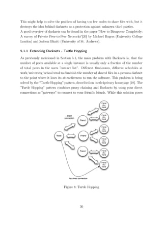 This might help to solve the problem of having too few nodes to share ﬁles with, but it
destroys the idea behind darknets as a protection against unknown third parties.
A good overview of darknets can be found in the paper ”How to Disappear Completely:
A survey of Private Peer-to-Peer Networks”[20] by Michael Rogers (University College
London) and Saleem Bhatti (University of St. Andrews).

5.1.1 Extending Darknets - Turtle Hopping

As previously mentioned in Section 5.1, the main problem with Darknets is, that the
number of peers available at a single instance is usually only a fraction of the number
of total peers in the users ”contact list”. Diﬀerent time-zones, diﬀerent schedules at
work/university/school tend to diminish the number of shared ﬁles in a persons darknet
to the point where it loses its attractiveness to run the software. This problem is being
solved by the "Turtle Hopping” pattern, described on turtle4privacy homepage [18]. The
”Turtle Hopping” pattern combines proxy chaining and Darknets by using your direct
connections as ”gateways” to connect to your friend’s friends. While this solution poses




                               Figure 8: Turtle Hopping




                                           30
 