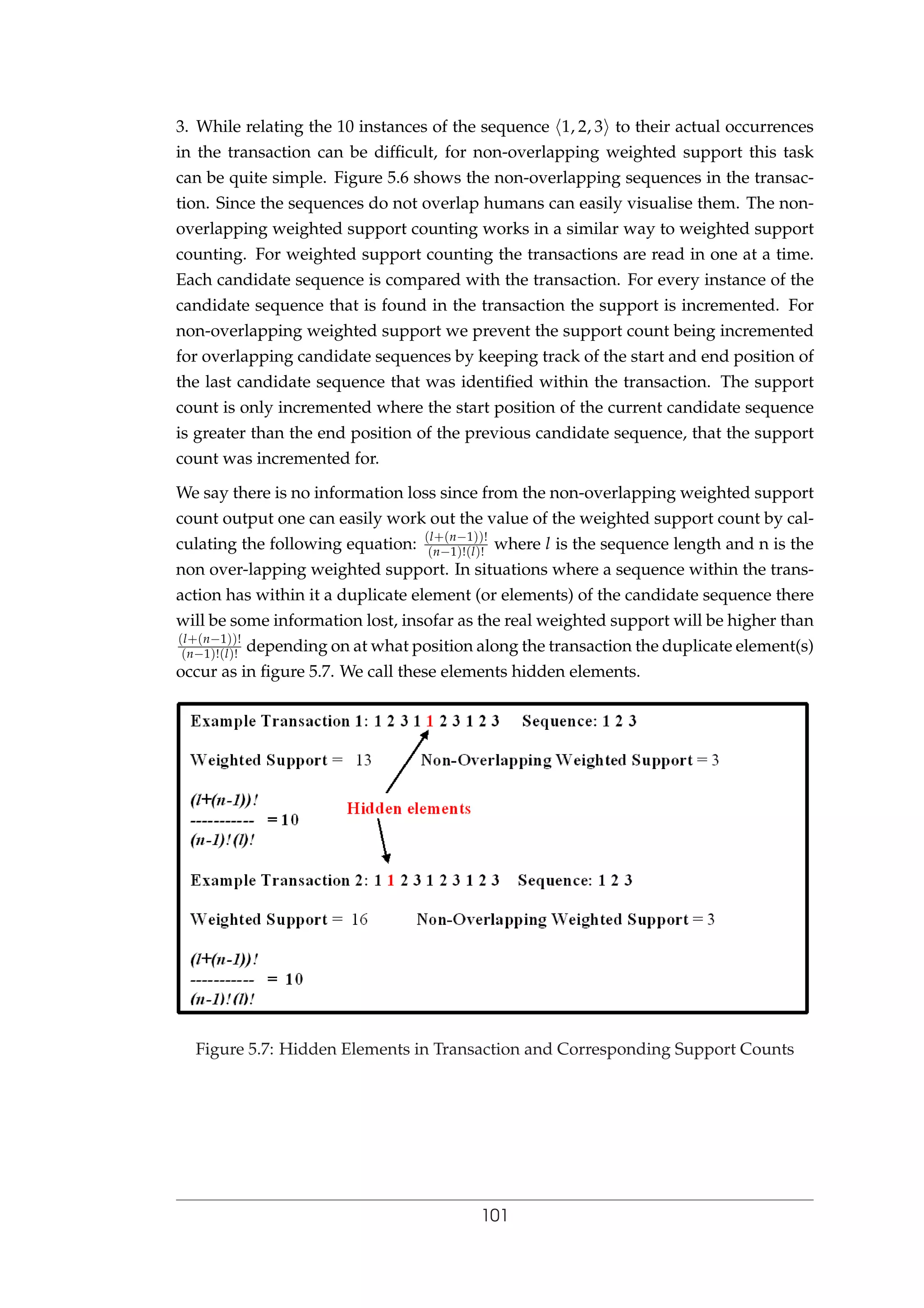 3. While relating the 10 instances of the sequence 1, 2, 3 to their actual occurrences
in the transaction can be difﬁcult, for non-overlapping weighted support this task
can be quite simple. Figure 5.6 shows the non-overlapping sequences in the transac-
tion. Since the sequences do not overlap humans can easily visualise them. The non-
overlapping weighted support counting works in a similar way to weighted support
counting. For weighted support counting the transactions are read in one at a time.
Each candidate sequence is compared with the transaction. For every instance of the
candidate sequence that is found in the transaction the support is incremented. For
non-overlapping weighted support we prevent the support count being incremented
for overlapping candidate sequences by keeping track of the start and end position of
the last candidate sequence that was identiﬁed within the transaction. The support
count is only incremented where the start position of the current candidate sequence
is greater than the end position of the previous candidate sequence, that the support
count was incremented for.
We say there is no information loss since from the non-overlapping weighted support
count output one can easily work out the value of the weighted support count by cal-
culating the following equation:
(l+(n−1))!
(n−1)!(l)!
where l is the sequence length and n is the
non over-lapping weighted support. In situations where a sequence within the trans-
action has within it a duplicate element (or elements) of the candidate sequence there
will be some information lost, insofar as the real weighted support will be higher than
(l+(n−1))!
(n−1)!(l)!
depending on at what position along the transaction the duplicate element(s)
occur as in ﬁgure 5.7. We call these elements hidden elements.
Figure 5.7: Hidden Elements in Transaction and Corresponding Support Counts
101
 