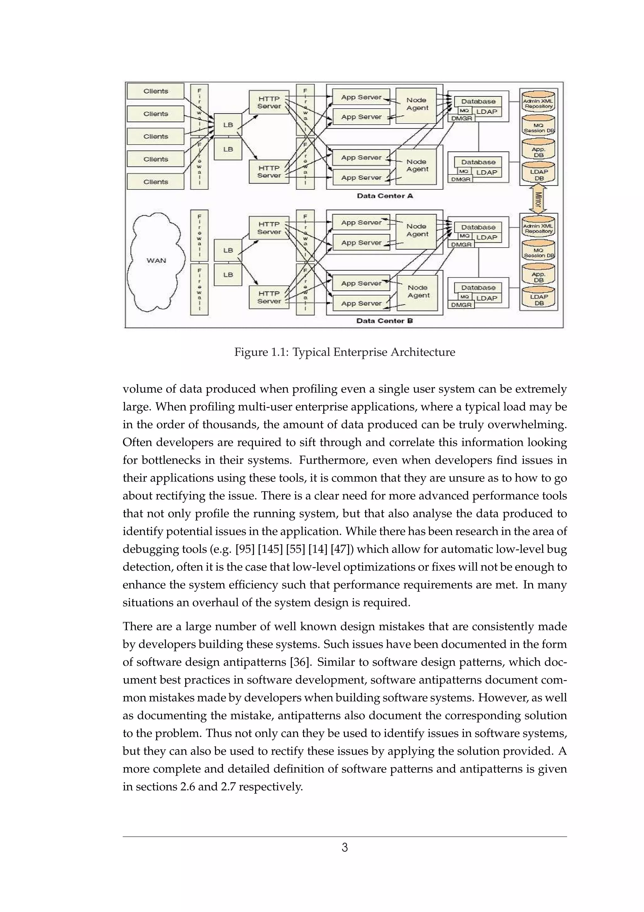 Figure 1.1: Typical Enterprise Architecture
volume of data produced when proﬁling even a single user system can be extremely
large. When proﬁling multi-user enterprise applications, where a typical load may be
in the order of thousands, the amount of data produced can be truly overwhelming.
Often developers are required to sift through and correlate this information looking
for bottlenecks in their systems. Furthermore, even when developers ﬁnd issues in
their applications using these tools, it is common that they are unsure as to how to go
about rectifying the issue. There is a clear need for more advanced performance tools
that not only proﬁle the running system, but that also analyse the data produced to
identify potential issues in the application. While there has been research in the area of
debugging tools (e.g. [95] [145] [55] [14] [47]) which allow for automatic low-level bug
detection, often it is the case that low-level optimizations or ﬁxes will not be enough to
enhance the system efﬁciency such that performance requirements are met. In many
situations an overhaul of the system design is required.
There are a large number of well known design mistakes that are consistently made
by developers building these systems. Such issues have been documented in the form
of software design antipatterns [36]. Similar to software design patterns, which doc-
ument best practices in software development, software antipatterns document com-
mon mistakes made by developers when building software systems. However, as well
as documenting the mistake, antipatterns also document the corresponding solution
to the problem. Thus not only can they be used to identify issues in software systems,
but they can also be used to rectify these issues by applying the solution provided. A
more complete and detailed deﬁnition of software patterns and antipatterns is given
in sections 2.6 and 2.7 respectively.
3
 
