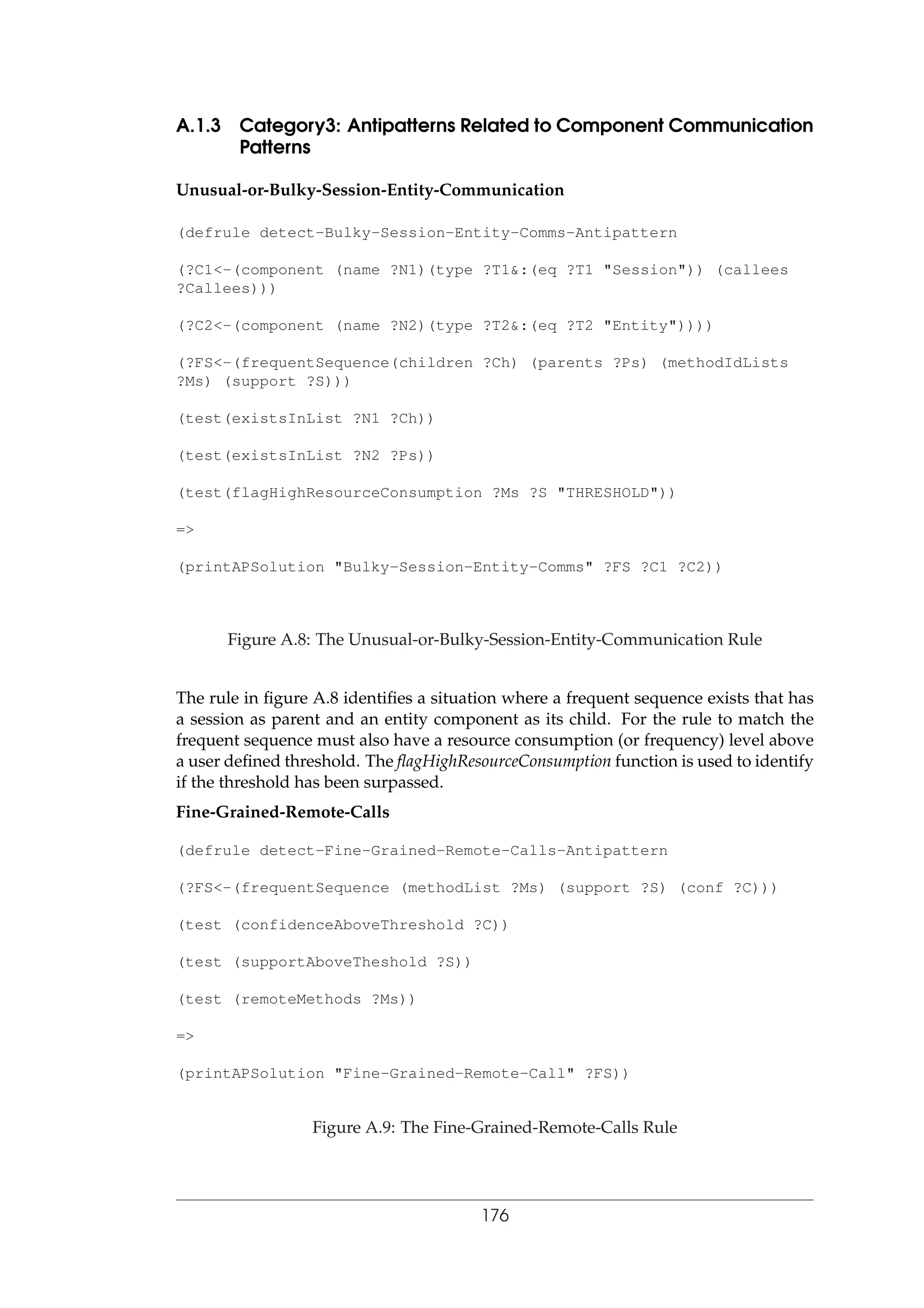 A.1.3 Category3: Antipatterns Related to Component Communication
Patterns
Unusual-or-Bulky-Session-Entity-Communication
(defrule detect-Bulky-Session-Entity-Comms-Antipattern
(?C1<-(component (name ?N1)(type ?T1&:(eq ?T1 "Session")) (callees
?Callees)))
(?C2<-(component (name ?N2)(type ?T2&:(eq ?T2 "Entity"))))
(?FS<-(frequentSequence(children ?Ch) (parents ?Ps) (methodIdLists
?Ms) (support ?S)))
(test(existsInList ?N1 ?Ch))
(test(existsInList ?N2 ?Ps))
(test(flagHighResourceConsumption ?Ms ?S "THRESHOLD"))
=>
(printAPSolution "Bulky-Session-Entity-Comms" ?FS ?C1 ?C2))
Figure A.8: The Unusual-or-Bulky-Session-Entity-Communication Rule
The rule in ﬁgure A.8 identiﬁes a situation where a frequent sequence exists that has
a session as parent and an entity component as its child. For the rule to match the
frequent sequence must also have a resource consumption (or frequency) level above
a user deﬁned threshold. The ﬂagHighResourceConsumption function is used to identify
if the threshold has been surpassed.
Fine-Grained-Remote-Calls
(defrule detect-Fine-Grained-Remote-Calls-Antipattern
(?FS<-(frequentSequence (methodList ?Ms) (support ?S) (conf ?C)))
(test (confidenceAboveThreshold ?C))
(test (supportAboveTheshold ?S))
(test (remoteMethods ?Ms))
=>
(printAPSolution "Fine-Grained-Remote-Call" ?FS))
Figure A.9: The Fine-Grained-Remote-Calls Rule
176
 