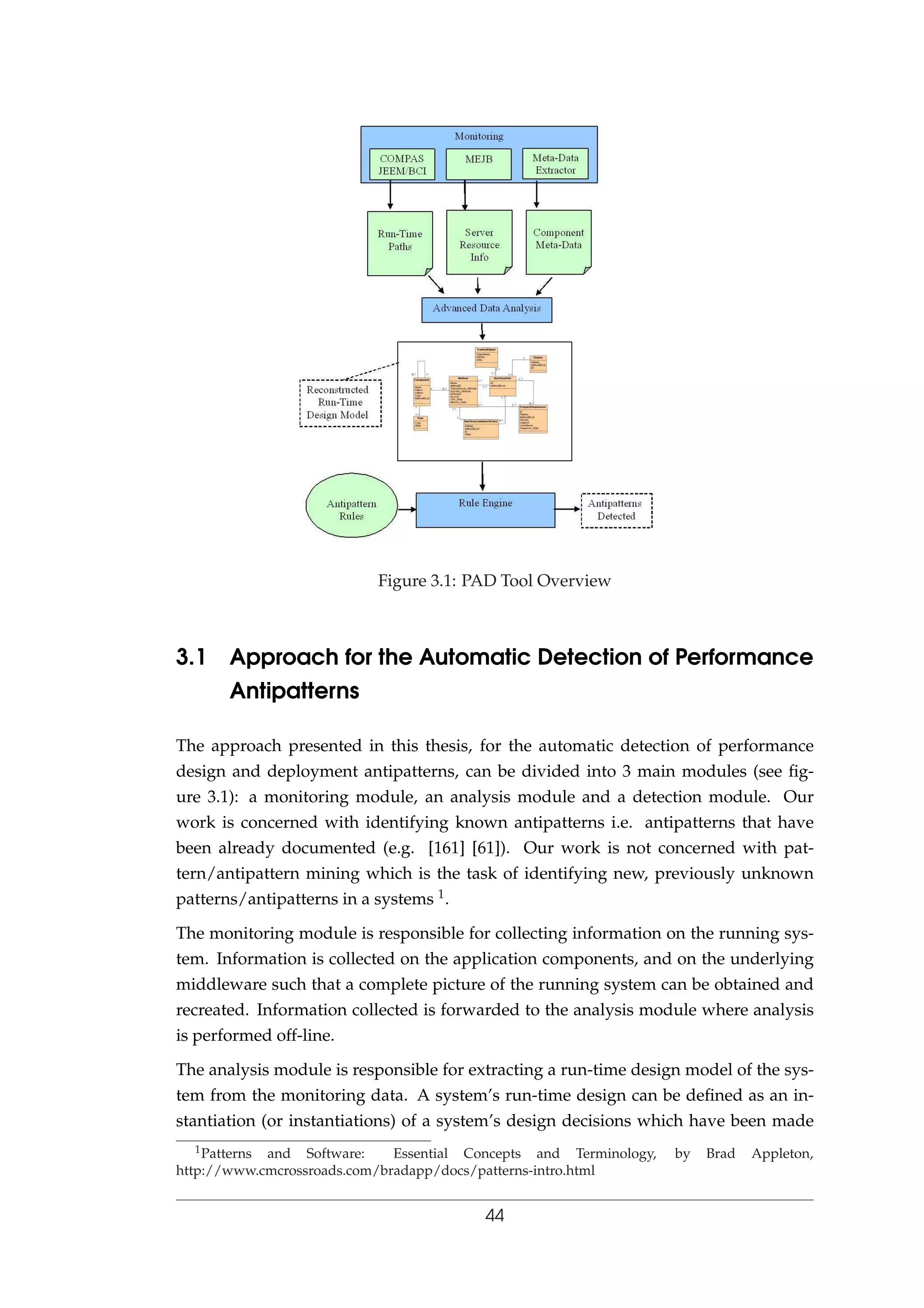 Figure 3.1: PAD Tool Overview
3.1 Approach for the Automatic Detection of Performance
Antipatterns
The approach presented in this thesis, for the automatic detection of performance
design and deployment antipatterns, can be divided into 3 main modules (see ﬁg-
ure 3.1): a monitoring module, an analysis module and a detection module. Our
work is concerned with identifying known antipatterns i.e. antipatterns that have
been already documented (e.g. [161] [61]). Our work is not concerned with pat-
tern/antipattern mining which is the task of identifying new, previously unknown
patterns/antipatterns in a systems 1.
The monitoring module is responsible for collecting information on the running sys-
tem. Information is collected on the application components, and on the underlying
middleware such that a complete picture of the running system can be obtained and
recreated. Information collected is forwarded to the analysis module where analysis
is performed off-line.
The analysis module is responsible for extracting a run-time design model of the sys-
tem from the monitoring data. A system’s run-time design can be deﬁned as an in-
stantiation (or instantiations) of a system’s design decisions which have been made
1Patterns and Software: Essential Concepts and Terminology, by Brad Appleton,
http://www.cmcrossroads.com/bradapp/docs/patterns-intro.html
44
 