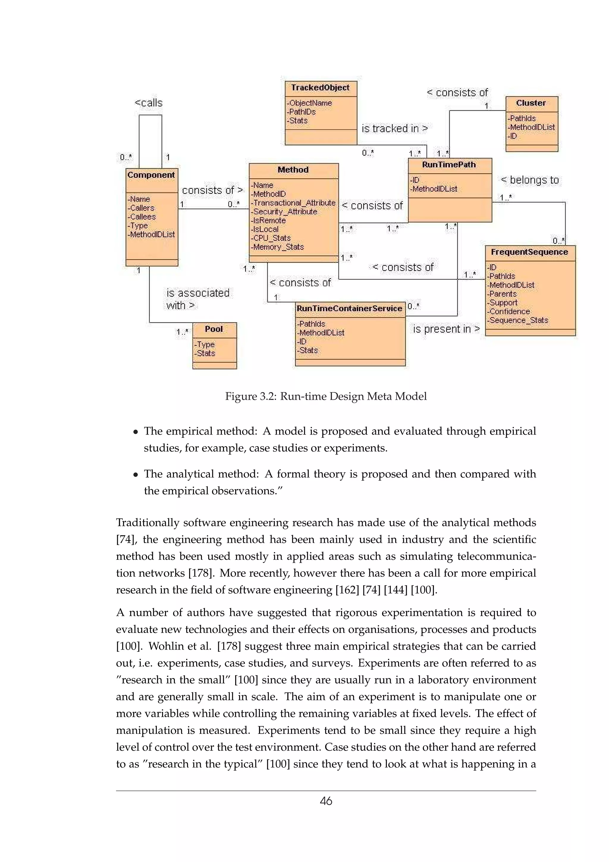 Figure 3.2: Run-time Design Meta Model
• The empirical method: A model is proposed and evaluated through empirical
studies, for example, case studies or experiments.
• The analytical method: A formal theory is proposed and then compared with
the empirical observations.”
Traditionally software engineering research has made use of the analytical methods
[74], the engineering method has been mainly used in industry and the scientiﬁc
method has been used mostly in applied areas such as simulating telecommunica-
tion networks [178]. More recently, however there has been a call for more empirical
research in the ﬁeld of software engineering [162] [74] [144] [100].
A number of authors have suggested that rigorous experimentation is required to
evaluate new technologies and their effects on organisations, processes and products
[100]. Wohlin et al. [178] suggest three main empirical strategies that can be carried
out, i.e. experiments, case studies, and surveys. Experiments are often referred to as
”research in the small” [100] since they are usually run in a laboratory environment
and are generally small in scale. The aim of an experiment is to manipulate one or
more variables while controlling the remaining variables at ﬁxed levels. The effect of
manipulation is measured. Experiments tend to be small since they require a high
level of control over the test environment. Case studies on the other hand are referred
to as ”research in the typical” [100] since they tend to look at what is happening in a
46
 