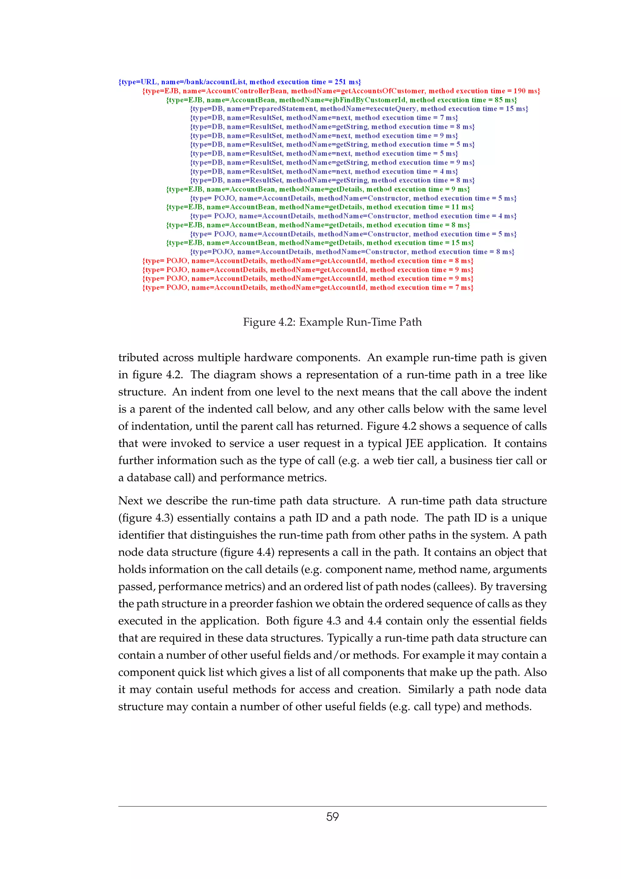 Figure 4.2: Example Run-Time Path
tributed across multiple hardware components. An example run-time path is given
in ﬁgure 4.2. The diagram shows a representation of a run-time path in a tree like
structure. An indent from one level to the next means that the call above the indent
is a parent of the indented call below, and any other calls below with the same level
of indentation, until the parent call has returned. Figure 4.2 shows a sequence of calls
that were invoked to service a user request in a typical JEE application. It contains
further information such as the type of call (e.g. a web tier call, a business tier call or
a database call) and performance metrics.
Next we describe the run-time path data structure. A run-time path data structure
(ﬁgure 4.3) essentially contains a path ID and a path node. The path ID is a unique
identiﬁer that distinguishes the run-time path from other paths in the system. A path
node data structure (ﬁgure 4.4) represents a call in the path. It contains an object that
holds information on the call details (e.g. component name, method name, arguments
passed, performance metrics) and an ordered list of path nodes (callees). By traversing
the path structure in a preorder fashion we obtain the ordered sequence of calls as they
executed in the application. Both ﬁgure 4.3 and 4.4 contain only the essential ﬁelds
that are required in these data structures. Typically a run-time path data structure can
contain a number of other useful ﬁelds and/or methods. For example it may contain a
component quick list which gives a list of all components that make up the path. Also
it may contain useful methods for access and creation. Similarly a path node data
structure may contain a number of other useful ﬁelds (e.g. call type) and methods.
59
 