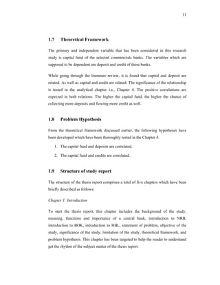 11




1.7      Theoretical Framework

The primary and independent variable that has been considered in this research
study is capital fund of the selected commercials banks. The variables which are
supposed to be dependent are deposit and credit of these banks.

While going through the literature review, it is found that capital and deposit are
related. As well as capital and credit are related. The significance of the relationship
is tested in the analytical chapter i.e., Chapter 4. The positive correlations are
expected in both relations. The higher the capital fund, the higher the chance of
collecting more deposits and flowing more credit as well.


1.8      Problem Hypothesis

From the theoretical framework discussed earlier, the following hypotheses have
been developed which have been thoroughly tested in the Chapter 4.

      1. The capital fund and deposits are correlated.

      2. The capital fund and credits are correlated.


1.9      Structure of study report

The structure of the thesis report comprises a total of five chapters which have been
briefly described as follows:

Chapter 1: Introduction

To start the thesis report, this chapter includes the background of the study,
meaning, functions and importance of a central bank, introduction to NRB,
introduction to BOK, introduction to HBL, statement of problem, objective of the
study, significance of the study, limitation of the study, theoretical framework, and
problem hypothesis. This chapter has been targeted to help the reader to understand
get the rhythm of the subject matter of the thesis report.
 
