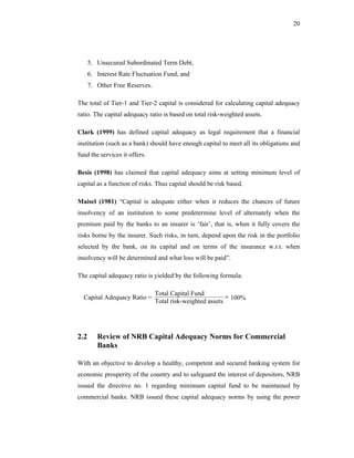 20




      5. Unsecured Subordinated Term Debt,
      6. Interest Rate Fluctuation Fund, and
      7. Other Free Reserves.

The total of Tier-1 and Tier-2 capital is considered for calculating capital adequacy
ratio. The capital adequacy ratio is based on total risk-weighted assets.

Clark (1999) has defined capital adequacy as legal requirement that a financial
institution (such as a bank) should have enough capital to meet all its obligations and
fund the services it offers.

Besis (1998) has claimed that capital adequacy aims at setting minimum level of
capital as a function of risks. Thus capital should be risk based.

Maisel (1981) “Capital is adequate either when it reduces the chances of future
insolvency of an institution to some predetermine level of alternately when the
premium paid by the banks to an insurer is ‘fair’, that is, when it fully covers the
risks borne by the insurer. Such risks, in turn, depend upon the risk in the portfolio
selected by the bank, on its capital and on terms of the insurance w.r.t. when
insolvency will be determined and what loss will be paid”.

The capital adequacy ratio is yielded by the following formula:

                                Total Capital Fund
  Capital Adequacy Ratio =
                                Total risk-weighted assets
                                                           × 100%




2.2      Review of NRB Capital Adequacy Norms for Commercial
         Banks

With an objective to develop a healthy, competent and secured banking system for
economic prosperity of the country and to safeguard the interest of depositors, NRB
issued the directive no. 1 regarding minimum capital fund to be maintained by
commercial banks. NRB issued these capital adequacy norms by using the power
 