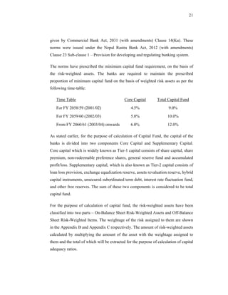 21




given by Commercial Bank Act, 2031 (with amendments) Clause 14(Ka). These
norms were issued under the Nepal Rastra Bank Act, 2012 (with amendments)
Clause 23 Sub-clause 1 – Provision for developing and regulating banking system.

The norms have prescribed the minimum capital fund requirement, on the basis of
the risk-weighted assets. The banks are required to maintain the prescribed
proportion of minimum capital fund on the basis of weighted risk assets as per the
following time-table:

   Time Table                                Core Capital        Total Capital Fund
   For FY 2058/59 (2001/02)                      4.5%                   9.0%
   For FY 2059/60 (2002/03)                      5.0%                  10.0%
   From FY 2060/61 (2003/04) onwards             6.0%                  12.0%

As stated earlier, for the purpose of calculation of Capital Fund, the capital of the
banks is divided into two components Core Capital and Supplementary Capital.
Core capital which is widely known as Tier-1 capital consists of share capital, share
premium, non-redeemable preference shares, general reserve fund and accumulated
profit/loss. Supplementary capital, which is also known as Tier-2 capital consists of
loan loss provision, exchange equalization reserve, assets revaluation reserve, hybrid
capital instruments, unsecured subordinated term debt, interest rate fluctuation fund,
and other free reserves. The sum of these two components is considered to be total
capital fund.

For the purpose of calculation of capital fund, the risk-weighted assets have been
classified into two parts – On-Balance Sheet Risk-Weighted Assets and Off-Balance
Sheet Risk-Weighted Items. The weightage of the risk assigned to them are shown
in the Appendix B and Appendix C respectively. The amount of risk-weighted assets
calculated by multiplying the amount of the asset with the weightage assigned to
them and the total of which will be extracted for the purpose of calculation of capital
adequacy ratios.
 
