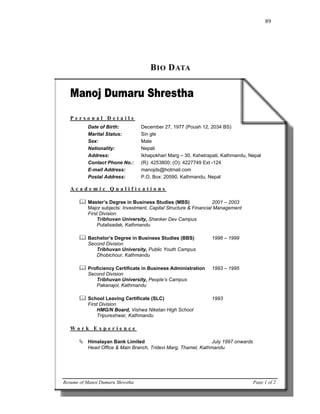 89




                                      B IO D ATA


   Manoj Dumaru Shrestha
   Personal Details
          Date of Birth:          December 27, 1977 (Poush 12, 2034 BS)
          Marital Status:         Sin gle
          Sex:                    Male
          Nationality:            Nepali
          Address:                Ikhapokhari Marg – 30, Kshetrapati, Kathmandu, Nepal
          Contact Phone No.:      (R): 4253800; (O): 4227749 Ext -124
          E-mail Address:         manojds@hotmail.com
          Postal Address:         P.O. Box: 20590, Kathmandu, Nepal

   Academic Qualifications

          Master’s Degree in Business Studies (MBS)                2001 – 2003
          Major subjects: Investment, Capital Structure & Financial Management
          First Division
              Tribhuvan University, Shanker Dev Campus
              Putalisadak, Kathmandu

          Bachelor’s Degree in Business Studies (BBS)           1996 – 1999
          Second Division
             Tribhuvan University, Public Youth Campus
             Dhobichour, Kathmandu

          Proficiency Certificate in Business Administration    1993 – 1995
          Second Division
             Tribhuvan University, People’s Campus
             Pakanajol, Kathmandu

          School Leaving Certificate (SLC)                      1993
          First Division
              HMG/N Board, Vishwa Niketan High School
              Tripureshwar, Kathmandu

   Work Experience

          Himalayan Bank Limited                                July 1997 onwards
          Head Office & Main Branch, Tridevi Marg, Thamel, Kathmandu




Resume of Manoj Dumaru Shrestha                                                     Page 1 of 2
 