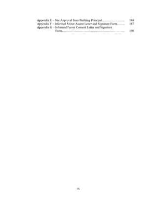 ix
Appendix E – Site Approval from Building Principal…………………. 184
Appendix F – Informed Minor Assent Letter and Signature Form…….. 187
Appendix G – Informed Parent Consent Letter and Signature
Form……………………………………………………. 190
 