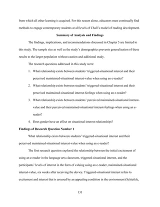 131
from which all other learning is acquired. For this reason alone, educators must continually find
methods to engage contemporary students at all levels of Chall’s model of reading development.
Summary of Analysis and Findings
The findings, implications, and recommendations discussed in Chapter 5 are limited to
this study. The sample size as well as the study’s demographics prevents generalization of these
results to the larger population without caution and additional study.
The research questions addressed in this study were:
1. What relationship exists between students’ triggered-situational interest and their
perceived maintained-situational interest-value when using an e-reader?
2. What relationship exists between students’ triggered-situational interest and their
perceived maintained-situational interest-feelings when using an e-reader?
3. What relationship exists between students’ perceived maintained-situational interest-
value and their perceived maintained-situational interest-feelings when using an e-
reader?
4. Does gender have an effect on situational interest relationships?
Findings of Research Question Number 1
What relationship exists between students’ triggered-situational interest and their
perceived maintained-situational interest-value when using an e-reader?
The first research question explored the relationship between the initial excitement of
using an e-reader in the language arts classroom, triggered-situational interest, and the
participants’ levels of interest in the form of valuing using an e-reader, maintained-situational
interest-value, six weeks after receiving the device. Triggered-situational interest refers to
excitement and interest that is aroused by an appealing condition in the environment (Schiefele,
 