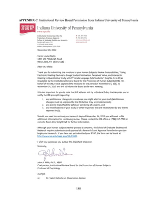 180
APPENDIX C Institutional Review Board Permission from Indiana University of Pennsylvania
 