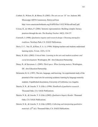 163
Corbett, D., Wilson, B., & Morse, D. (2002). The arts are an “R” too. Jackson, MS:
Mississippi ARTS Commission. Retrieved from
http://www.americansforthearts.org/NAPD/files/11832/WSIevalFinal2.pdf
Cowan, K., & Albers, P. (2006). Semiotic representations: Building complex literacy
practices through the arts. The Reading Teacher, 60(2), 124-137.
Creswell, J. (1998). Qualitative inquiry and research design: Choosing among five
traditions. Newbury Park, CA: SAGE Publications.
Davis, E. C., Nur, H., & Ruru, S. A. A. (1994). Helping teachers and students understand
learning styles. Forum, 32(3), 12-14.
Deasy, R. (Ed.). (2002). Critical links: Learning in the arts and student academic and
social development. Washington, DC: Arts Education Partnership
Deasy, R., & Stevenson, L. (2005). Third space: When learning matters. Washington,
DC: Arts Education Partnership.
DeJarnette, K. G. (1997). The arts, language, and knowing: An experimental study of the
potential of the visual arts for assessing academic learning by language minority
students. Unpublished dissertation, University of California, Los Angeles.
Denzin, N. K., & Lincoln, Y. S. (Eds.). (1994). Handbook of qualitative research.
Thousand Oaks, CA: SAGE Publications.
Denzin, N. K., & Lincoln, Y. S. (Eds.) (2002). Qualitative Inquiry Reader. Thousand
Oaks, CA: SAGE Publications.
Denzin, N. K., & Lincoln, Y. S. (Eds.) (2003). Collecting and interpreting qualitative
materials. (2nd
ed.). Thousand Oaks, CA: SAGE Publications.
 