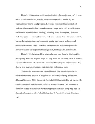 63
Heath (1998) conducted an 11-year longitudinal, ethnographic study of 120 non-
school organizations in arts, athletics, and community service. Specifically, 48
organizations were arts-based programs. Low-socio economic status (SES), at-risk
students volunteered nine hours a week for a one-year period to work in a self-selected
art form that involved indirect learning (i.e. reading, math). Heath (1998) found that
students experienced enhanced academic performances in academic classes and contests,
increased school attendance and community service involvement, and developed
positive self-concepts. Heath (1998) also reported that arts involvement positively
impacted students‘ development of language skills, thinking skills, and life skills.
Heath (1998) also showed how arts involvement contributed to thinking skills,
participatory skills, and language usage, not only within the extracurricular activities but
also within the normal school context. The results of this study are helpful because they
showed how underserved students make important performance gains.
These studies inform my own research because they specifically deal with
underserved students involved in integrated arts and literacy learning. Researchers
(Deasy & Stevenson, 2005; Sidelnick & Svoboda, 2000) have stated the arts can provide
creative, emotional, and educational outlets for students; however, it is important to
emphasize that no intervention method or one program that could completely meet all
the needs of students at risk of school failure (Barr & Parrett, 2001; Land & Legters,
2002).
 