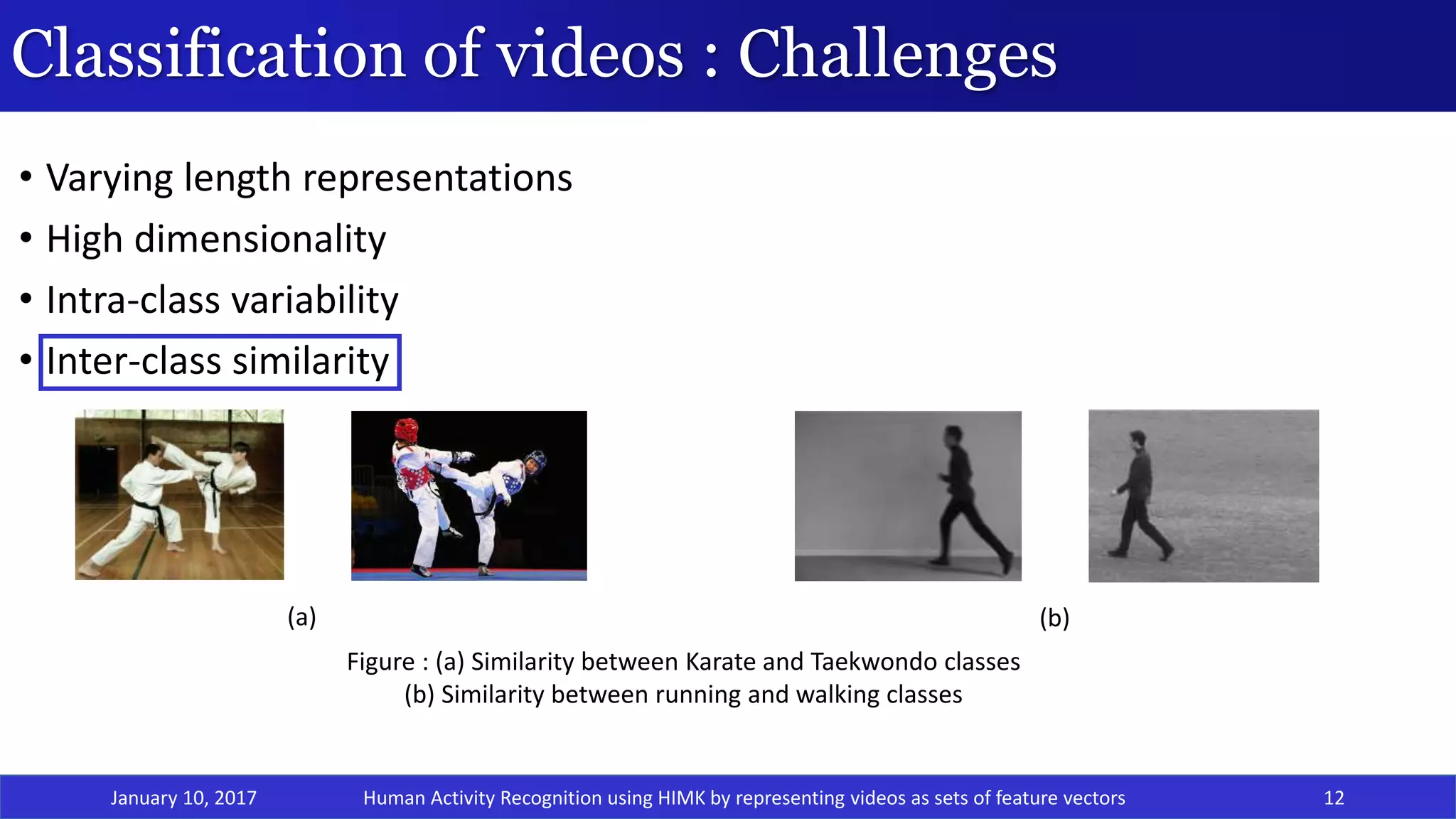 Classification of videos : Challenges
• Varying length representations
• High dimensionality
• Intra-class variability
• Inter-class similarity
January 10, 2017 12
Figure : (a) Similarity between Karate and Taekwondo classes
(b) Similarity between running and walking classes
(a) (b)
Human Activity Recognition using HIMK by representing videos as sets of feature vectors
 