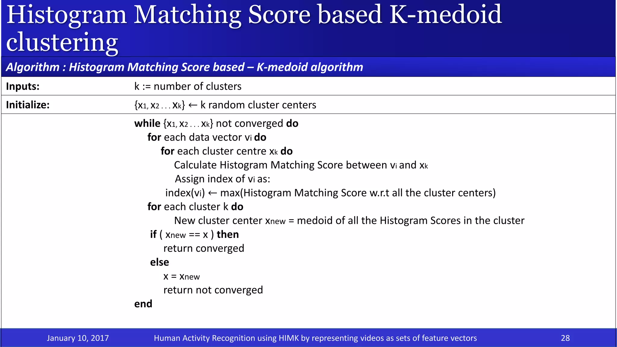 Histogram Matching Score based K-medoid
clustering
January 10, 2017 28
Algorithm : Histogram Matching Score based – K-medoid algorithm
Inputs: k := number of clusters
Initialize: {x1, x2 . . . xk} ← k random cluster centers
while {x1, x2 . . . xk} not converged do
for each data vector vi do
for each cluster centre xk do
Calculate Histogram Matching Score between vi and xk
Assign index of vi as:
index(vi) ← max(Histogram Matching Score w.r.t all the cluster centers)
for each cluster k do
New cluster center xnew = medoid of all the Histogram Scores in the cluster
if ( xnew == x ) then
return converged
else
x = xnew
return not converged
end
Human Activity Recognition using HIMK by representing videos as sets of feature vectors
 
