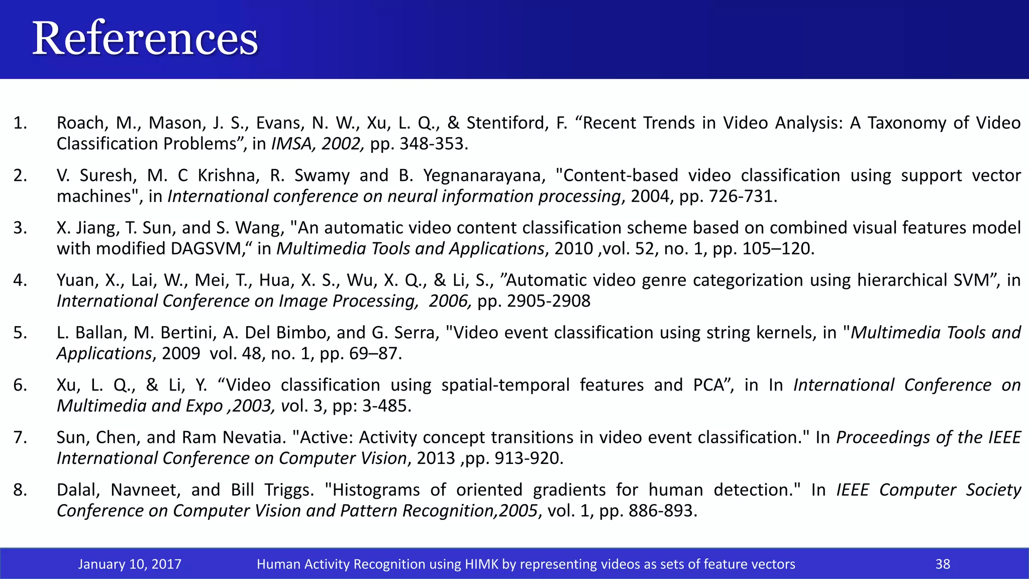 References
January 10, 2017 38
1. Roach, M., Mason, J. S., Evans, N. W., Xu, L. Q., & Stentiford, F. “Recent Trends in Video Analysis: A Taxonomy of Video
Classification Problems”, in IMSA, 2002, pp. 348-353.
2. V. Suresh, M. C Krishna, R. Swamy and B. Yegnanarayana, "Content-based video classification using support vector
machines", in International conference on neural information processing, 2004, pp. 726-731.
3. X. Jiang, T. Sun, and S. Wang, "An automatic video content classification scheme based on combined visual features model
with modified DAGSVM,“ in Multimedia Tools and Applications, 2010 ,vol. 52, no. 1, pp. 105–120.
4. Yuan, X., Lai, W., Mei, T., Hua, X. S., Wu, X. Q., & Li, S., ”Automatic video genre categorization using hierarchical SVM”, in
International Conference on Image Processing, 2006, pp. 2905-2908
5. L. Ballan, M. Bertini, A. Del Bimbo, and G. Serra, "Video event classification using string kernels, in "Multimedia Tools and
Applications, 2009 vol. 48, no. 1, pp. 69–87.
6. Xu, L. Q., & Li, Y. “Video classification using spatial-temporal features and PCA”, in In International Conference on
Multimedia and Expo ,2003, vol. 3, pp: 3-485.
7. Sun, Chen, and Ram Nevatia. "Active: Activity concept transitions in video event classification." In Proceedings of the IEEE
International Conference on Computer Vision, 2013 ,pp. 913-920.
8. Dalal, Navneet, and Bill Triggs. "Histograms of oriented gradients for human detection." In IEEE Computer Society
Conference on Computer Vision and Pattern Recognition,2005, vol. 1, pp. 886-893.
Human Activity Recognition using HIMK by representing videos as sets of feature vectors
 