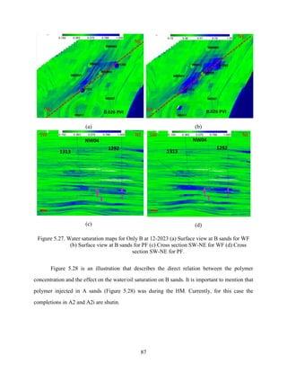 87
(a) (b)
(c) (d)
Figure 5.27. Water saturation maps for Only B at 12-2023 (a) Surface view at B sands for WF
(b) Surface view at B sands for PF (c) Cross section SW-NE for WF (d) Cross
section SW-NE for PF.
Figure 5.28 is an illustration that describes the direct relation between the polymer
concentration and the effect on the water/oil saturation on B sands. It is important to mention that
polymer injected in A sands (Figure 5.28) was during the HM. Currently, for this case the
completions in A2 and A2i are shutin.
 