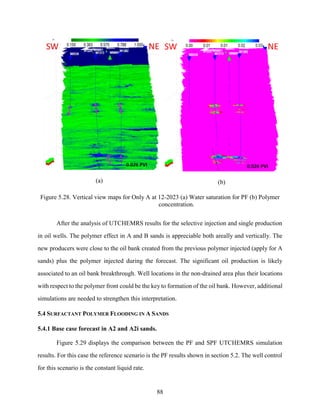 88
(a) (b)
Figure 5.28. Vertical view maps for Only A at 12-2023 (a) Water saturation for PF (b) Polymer
concentration.
After the analysis of UTCHEMRS results for the selective injection and single production
in oil wells. The polymer effect in A and B sands is appreciable both areally and vertically. The
new producers were close to the oil bank created from the previous polymer injected (apply for A
sands) plus the polymer injected during the forecast. The significant oil production is likely
associated to an oil bank breakthrough. Well locations in the non-drained area plus their locations
with respect to the polymer front could be the key to formation of the oil bank. However, additional
simulations are needed to strengthen this interpretation.
5.4 SURFACTANT POLYMER FLOODING IN A SANDS
5.4.1 Base case forecast in A2 and A2i sands.
Figure 5.29 displays the comparison between the PF and SPF UTCHEMRS simulation
results. For this case the reference scenario is the PF results shown in section 5.2. The well control
for this scenario is the constant liquid rate.
 