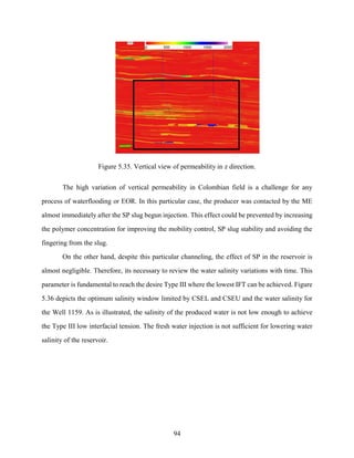 94
Figure 5.35. Vertical view of permeability in z direction.
The high variation of vertical permeability in Colombian field is a challenge for any
process of waterflooding or EOR. In this particular case, the producer was contacted by the ME
almost immediately after the SP slug begun injection. This effect could be prevented by increasing
the polymer concentration for improving the mobility control, SP slug stability and avoiding the
fingering from the slug.
On the other hand, despite this particular channeling, the effect of SP in the reservoir is
almost negligible. Therefore, its necessary to review the water salinity variations with time. This
parameter is fundamental to reach the desire Type III where the lowest IFT can be achieved. Figure
5.36 depicts the optimum salinity window limited by CSEL and CSEU and the water salinity for
the Well 1159. As is illustrated, the salinity of the produced water is not low enough to achieve
the Type III low interfacial tension. The fresh water injection is not sufficient for lowering water
salinity of the reservoir.
 