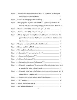 xv
Figure 4.1. Illustration of the sector model in Block VI. (a) Layers are displayed
vertically (b) Polymer pilot area .................................................... 27
Figure 4.2 Flowchart of the proposed methodology. .......................................... 28
Figure 4.3. Grid properties migrated to UTCHEMRS. (a) Porosity (fraction) (b)
Pressure (kPa) (c) Permeability (mD) (d) Water saturation (fraction).30
Figure 4.4. Relative permeability curves of rock type 1, 2, and 3. ...................... 31
Figure 4.5. Relative permeability curves of rock type 4. .................................... 32
Figure 4.6. Model of polymer viscosity behavior (a) Polymer concentration at 500
ppm with reservoir water (b) Polymer concentration at 1000 ppm with
injection water............................................................................... 35
Figure 4.7. Polymer adsorption plot based on the lab results.............................. 36
Figure 4.8. Liquid rate History Match comparison............................................. 37
Figure 4.9. Oil rate History Match comparison. ................................................. 37
Figure 4.10. Cumulative Oil recovery during the HM........................................ 38
Figure 4.11. Liquid rate for base case WF.......................................................... 40
Figure 4.12. Oil rate for base case WF............................................................... 41
Figure 4.13. Cumulative oil recovery for base case WF. .................................... 41
Figure 4.14. Schematic comparison of the activate at different depths (a) Active wells
at A sands (b) Active wells at B sands........................................... 44
Figure 4.15. Schematic of the new wells for the selective polymer injection in A or B
sands. Map at A sands depth. ........................................................ 46
Figure 4.16. Solubilization ratio vs. salinity with 50% oil volume...................... 54
Figure 4.17. SPF sequence................................................................................. 56
Figure 5.1. Liquid rate for base case PF............................................................. 57
Figure 5.2. Oil rate for base case PF. ................................................................. 58
 