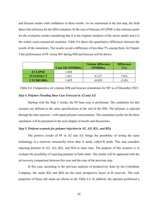 42
and forecast modes with confidence in these results. As we mentioned in the last step, the field
data is the reference for the HM evaluation. In the case of forecast, ECLIPSE is the reference point
for the evaluation results considering that it is the original simulator of the sector model and it is
the widely used commercial simulator. Table 4.4 shows the quantitative differences between the
results of the simulators. The results reveal a difference of less than 7% among them. In Chapter
5 the performance of PF versus WF during HM and forecast will be shown.
Cum Oil (MMBbls)
Volume difference
(MMBbls)
Difference
(%)
ECLIPSE 1.694
INTERSECT 1.821 0.127 7.0%
UTCHEMRS 1.655 -0.039 -2.4%
Table 4.4. Comparative oil volumes HM and forecast simulations for WF as of December 2023.
Step 4. Polymer Flooding Base Case Forecast in A2 and A2i
Starting with the Step 3 results, the PF base case is performed. The conditions for this
scenario are defined as the same specifications at the end of the HM. The polymer is injected
through the four injectors - with equal polymer concentration. The simulation results for the three
simulators will be presented in the next chapter of results and discussions.
Step 5. Perform scenario for polymer injection in A2, A2i, B2c, and B2d.
The positive results of PF in A2 and A2i brings the possibility of testing the same
technology in a reservoir structurally lower than A sands, called B sands. This step considers
injecting polymer in A2, A2i, B2c, and B2d at same time. The purpose of this scenario is to
evaluate the possibility of injecting polymer in both sands. The results will be appraised with the
oil recovery comparison between this case and the case of the previous step.
In this case, according to the previous analyses of productivity done by the Colombian
Company, the sands B2c and B2d are the most prospective layers at B reservoir. The rock
properties of those sub sands are shown in the Table 4.5. In addition, the operator performed a
 