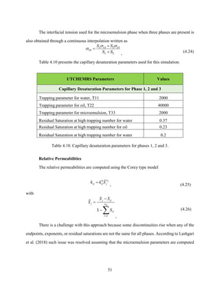 51
The interfacial tension used for the microemulsion phase when three phases are present is
also obtained through a continuous interpolation written as
S S
S S
 

+
=
+
1 13 2 23
33
1 2 , (4.24)
Table 4.10 presents the capillary desaturation parameters used for this simulation.
UTCHEMRS Parameters Values
Capillary Desaturation Parameters for Phase 1, 2 and 3
Trapping parameter for water, T11 2000
Trapping parameter for oil, T22 40000
Trapping parameter for microemulsion, T33 2000
Residual Saturation at high trapping number for water 0.37
Residual Saturation at high trapping number for oil 0.23
Residual Saturation at high trapping number for water 0.2
Table 4.10. Capillary desaturation parameters for phases 1, 2 and 3.
Relative Permeabilities
The relative permeabilities are computed using the Corey type model
nj
rj rj j
k k S
= 0
, (4.25)
with
j rj
j np
rl
l
S S
S
S
=
−
=
− 
1
1
,
(4.26)
There is a challenge with this approach because some discontinuities rise when any of the
endpoints, exponents, or residual saturations are not the same for all phases. According to Lashgari
et al. (2018) such issue was resolved assuming that the microemulsion parameters are computed
 