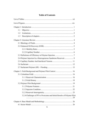 ix
Table of Contents
List of Tables .................................................................................................... xii
List of Figures.................................................................................................. xiv
Chapter 1. Introduction........................................................................................ 1
1.1 Objective ........................................................................................... 1
1.2 Limitations......................................................................................... 2
1.3 Description of chapters....................................................................... 2
Chapter 2. Literature Review............................................................................... 4
2.1 Rheology of Fluids................................................................................ 4
2.2 Enhanced Oil Recovery (EOR) ............................................................. 5
2.2.1 Mobility Ratio........................................................................... 5
2.2.2 Capillary Number...................................................................... 6
2.3 Definitions of Efficiency in Polymer Injection ...................................... 7
2.4 Polymer Injection In a Heterogeneous Sandstone Reservoir .................. 9
2.5 Capillary Number And Interfacial Tension.......................................... 11
2.6 Surfactant ........................................................................................... 12
2.7 Surfactant Polymer (SP) – Flooding.................................................... 15
Chapter 3. Field Background and Polymer Pilot Context ................................... 16
3.1 Colombian Field ................................................................................. 16
3.1.1 Reservoir Characterization ...................................................... 16
3.1.2 Field History ........................................................................... 19
3.2 Polymer Pilot Background .................................................................. 19
3.1.2 Polymer Features..................................................................... 21
3.2.2 Injectors Condition.................................................................. 22
3.2.3 Reservoir heterogeneity........................................................... 23
3.2.4 Challenges of PF to Overcome and Initial Results of Polymer Pilot
................................................................................................ 24
Chapter 4. Base Model and Methodology.......................................................... 26
4.1 Sector Model ...................................................................................... 26
 