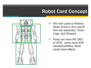 Robot Card Concept

   5/6 main parts to Robots:
     Head, Arms (L Arm and R
     Arm are separate), Torso,
     Legs, and Weapon

   Parts can have HP, DEF,
     or SPD; some have ATK
     values/modifiers, Most
     cards have effects
 