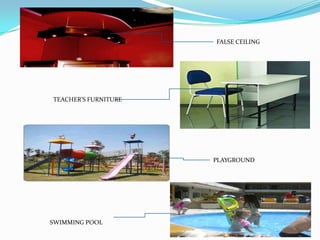 FALSE CEILING




TEACHER’S FURNITURE




                      PLAYGROUND




SWIMMING POOL
 