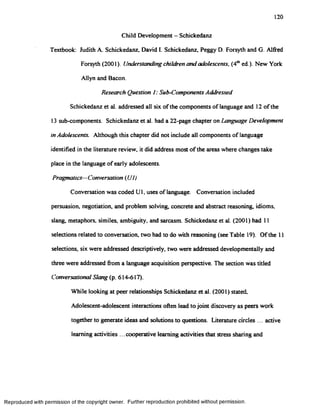 120
Child Development - Schickedanz
Textbook: Judith A. Schickedanz, David I. Schickedanz, Peggy D. Forsyth and G. Alfred
Forsyth (2001). Understanding children and adolescents, (4thed.). New York
Allyn and Bacon.
Research Question I: Sub-Components Addressed
Schickedanz et ai. addressed all six ofthe components of language and 12 of the
13 sub-components. Schickedanz et al. had a 22-page chapter on Language Development
in Adolescents. Although this chapter did not include all components of language
identified in the literature review, it did address most of the areas where changes take
place in the language of early adolescents.
Pragmatics—Conversation (U l)
Conversation was coded Ul. uses of language. Conversation included
persuasion, negotiation, and problem solving, concrete and abstract reasoning, idioms,
slang, metaphors, similes, ambiguity, and sarcasm. Schickedanz et al. (2001) had 11
selections related to conversation, two had to do with reasoning (see Table 19). Ofthe 11
selections, six were addressed descriptively, two were addressed developmentally and
three were addressed from a language acquisition perspective. The section was titled
Conversational Slang (p. 614-617).
While looking at peer relationships Schickedanz et al. (2001) stated.
Adolescent-adolescent interactions often lead to joint discovery as peers work
together to generate ideas and solutions to questions. Literature circles ... active
learning activities ...cooperative learning activities that stress sharing and
Reproduced with permission of the copyright owner. Further reproduction prohibited without permission.
 