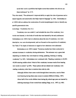 129
saved their work in portfolios had higher scores than students who did not use
these techniques” (p. 617).
They also stated, “The adolescent's improved ability to apply the rules of grammar and to
reason logically and analytically also helps improve language” (p. 606). Schickedanz et
al. (2001) did not address the construction of words (morphological rules) or identify any
specific grammatical rules.
Lexicology—Vocabulary Size (LI)
Vocabulary size was coded L1and included the size of the vocabulary, how
words were learned, or the kinds of words that were learned by the early adolescent.
Schickedanz et al. (2001) had six selections about the size of vocabulary, two were
descriptive, two were developmental, and two focused on the acquisition of vocabulary.
See Table 27 for depth of selections in regard to how selections were addressed.
Schickedanz et al. (2001) stated “Numerous studies have been conducted to
estimate increases in vocabulary during adolescence. The estimates vary a great deal
depending on whether they were based on writing, speaking, listening or reading
vocabulary” (p. 609). Schickedanz et al. continued with, “Reading vocabulary is 20,000-
40,000 entering middle school. Much of this vocabulary increase results from hearing
new words in context” (p.609). These authors did not related oral vocabulary with
reading vocabulary other than to mention them side-by-side.
Although children learn some words through direct instruction, much of their
word learning during these years occurs in context (Miller & Gildea, 1987).
About half of the words children learn during the school-age-years are learned by
inferring meanings of new words from reading (Nagy, et al., 1987). (p. 483)
Reproduced with permission of the copyright owner. Further reproduction prohibited without permission.
 