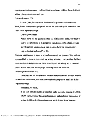 207
more abstract conjunctions on a child’s ability to use abstract thinking. Ormrod did not
address other conjunctions or their use.
Syntax—Grammar, (S3)
Ormrod (2000) included seven selections about grammar, most (five of the
seven) from a developmental perspective and the rest from an acquired perspective. See
Table 80 for depth of coverage.
Ormrod (2000) stated.
As they move into the upper elementary and middle school grades, they begin to
analyze speech in terms of its component parts, (nouns, verbs, adjectives) such
growth is almost certainly due, at least in part to the formal instruction they
receive about parts of speech” (p. 63).
Grammar was discussed in regard to written language and oral language: “Our students
are more likely to improve their speech and writing when they .. receive direct feedback
about ambiguities and grammatical errors in their speech and writing” (p. 61). Ormrod
did not expand upon how learning might occur beyond formal instruction.
Lexicology—Vocabulary, (LI)
Ormrod (2000) had two selections about the size of vocabulary and how students
increase their vocabularies, both from a developmental perspective. See Table 81 for
depth of coverage.
Ormrod (2000) stated,
It has been estimated that the average first grader knows the meaning o f8,000 to
14,000 words, whereas the average high school graduate knows the meanings of
at least 80,000words. Children leam some words through direct vocabulary
Reproduced with permission of the copyright owner. Further reproduction prohibited without permission.
 