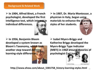 BBaacckkggrroouunndd & & R Reelalatteedd W Woorrkk 
 In 1904, Alfred Binet, a French 
psychologist, developed the first 
intelligence test, which interest in 
individual differences. 
 In 1907, Dr. Maria Montessor, a 
physician in Italy, began using 
materials to enhance the learning 
styles of her students. 
 In 1956, Benjamin Bloom 
developed a system known as 
Bloom's Taxonomy, which took 
another step toward defining 
learning-style differences. 
 Isabel Myers-Briggs and 
Katherine Briggs developed the 
Myers-Briggs Type Indicator 
(MBTI) in 1962 around theories of 
psychologist Carl Jung. 
http://www.ehow.com/about_5381758_history-learning-styles.html 
12 
 