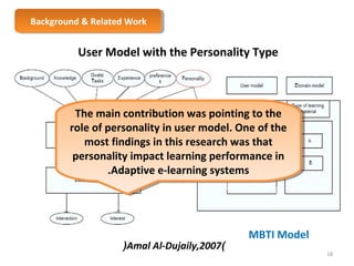BBaacckkggrroouunndd & & R Reelalatteedd W Woorrkk 
User Model with the Personality Type 
The main contribution was pointing to the 
role of personality in user model. One of the 
most findings in this research was that 
personality impact learning performance in 
.Adaptive e-learning systems 
(Amal Al-Dujaily,2007) 
MBTI Model 
18 
The main contribution was pointing to the 
role of personality in user model. One of the 
most findings in this research was that 
personality impact learning performance in 
.Adaptive e-learning systems 
 