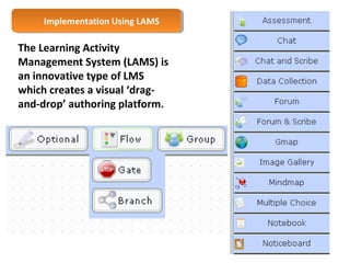 Implementation Implementation U Ussiningg L LAAMMSS 
The Learning Activity 
Management System (LAMS) is 
an innovative type of LMS 
which creates a visual ‘drag-and- 
drop’ authoring platform. 
43 
 