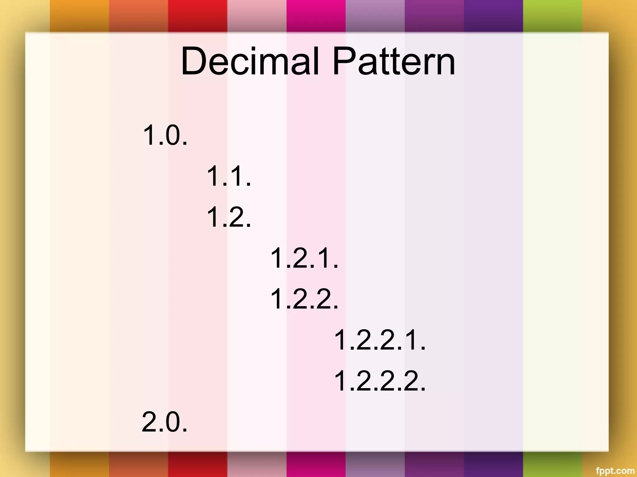 Decimal Pattern
1.0.
1.1.
1.2.
1.2.1.
1.2.2.
1.2.2.1.
1.2.2.2.
2.0.
 