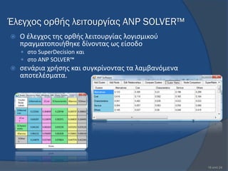 Έλεγχος ορθής λειτουργίας ANP SOLVER™
   Ο ζλεγχοσ τθσ ορκισ λειτουργίασ λογιςμικοφ
    πραγματοποιικθκε δίνοντασ ωσ είςοδο
     ςτο SuperDecision και
     ςτο ANP SOLVER™
   ςενάρια χριςθσ και ςυγκρίνοντασ τα λαμβανόμενα
    αποτελζςματα.




                                                     18 από 24
 