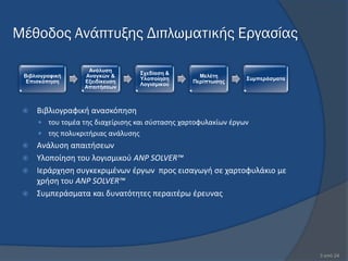 Μέθοδος Ανάπτυξης Διπλωματικής Εργασίας

                   Αλάιπζε
                                    ΢ρεδίαζε &
 Βηβιηνγξαθηθή    Αλαγθώλ &                        Μειέηε
                                    Τινπνίεζε                   ΢πκπεξάζκαηα
  Δπηζθόπεζε      Δμεηδίθεπζε                    Πεξίπησζεο
                                    Λνγηζκηθνύ
                  Απαηηήζεσλ



    Βιβλιογραφικι αναςκόπθςθ
      του τομζα τθσ διαχείριςθσ και ςφςταςθσ χαρτοφυλακίων ζργων
      τθσ πολυκριτιριασ ανάλυςθσ
  Ανάλυςθ απαιτιςεων
  Υλοποίθςθ του λογιςμικοφ ANP SOLVER™
  Ιεράρχθςθ ςυγκεκριμζνων ζργων προσ ειςαγωγι ςε χαρτοφυλάκιο με
   χριςθ του ANP SOLVER™
  Συμπεράςματα και δυνατότθτεσ περαιτζρω ζρευνασ




                                                                               3 από 24
 