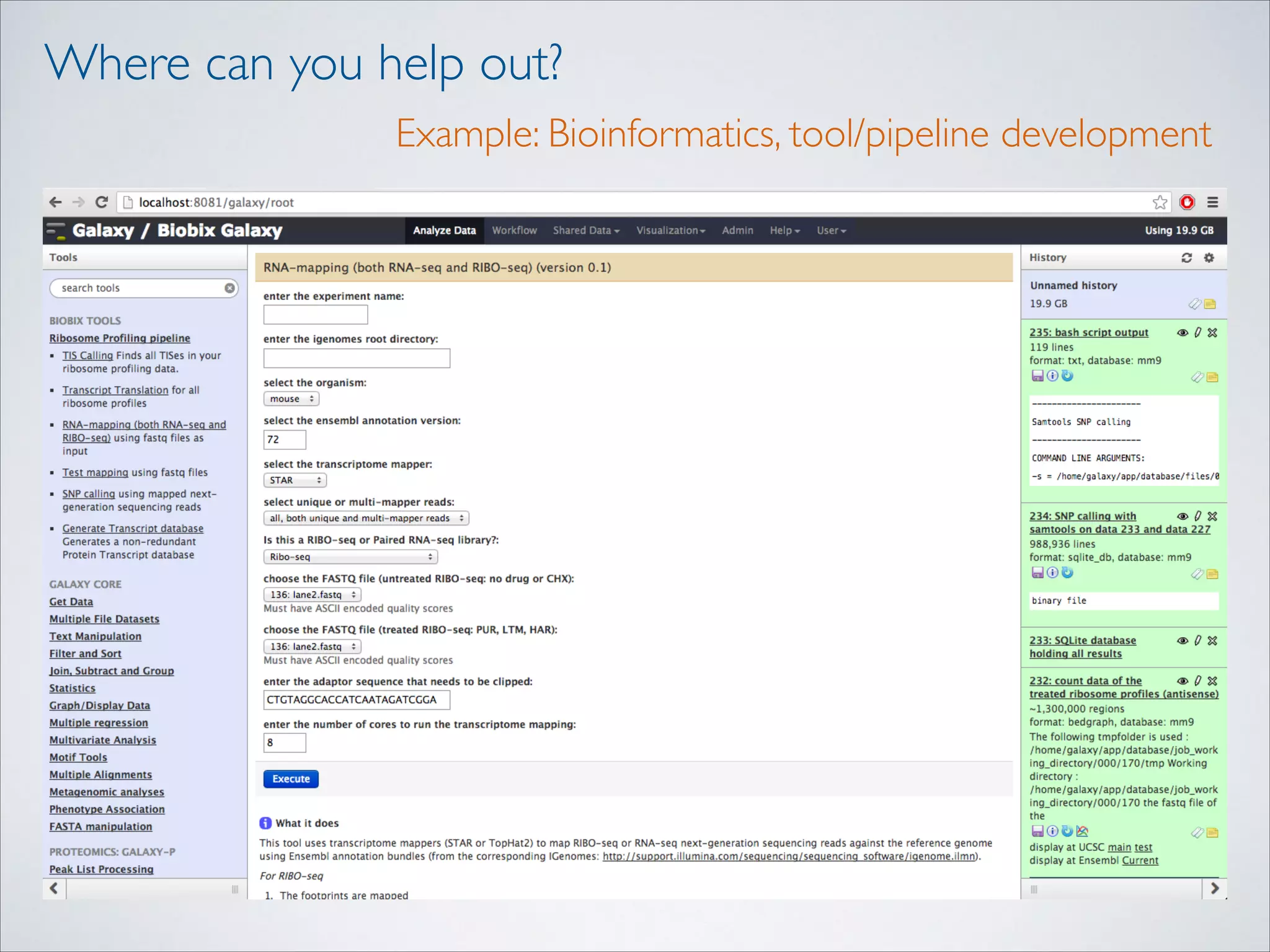 Where can you help out?
Example: Bioinformatics, tool/pipeline development

 
