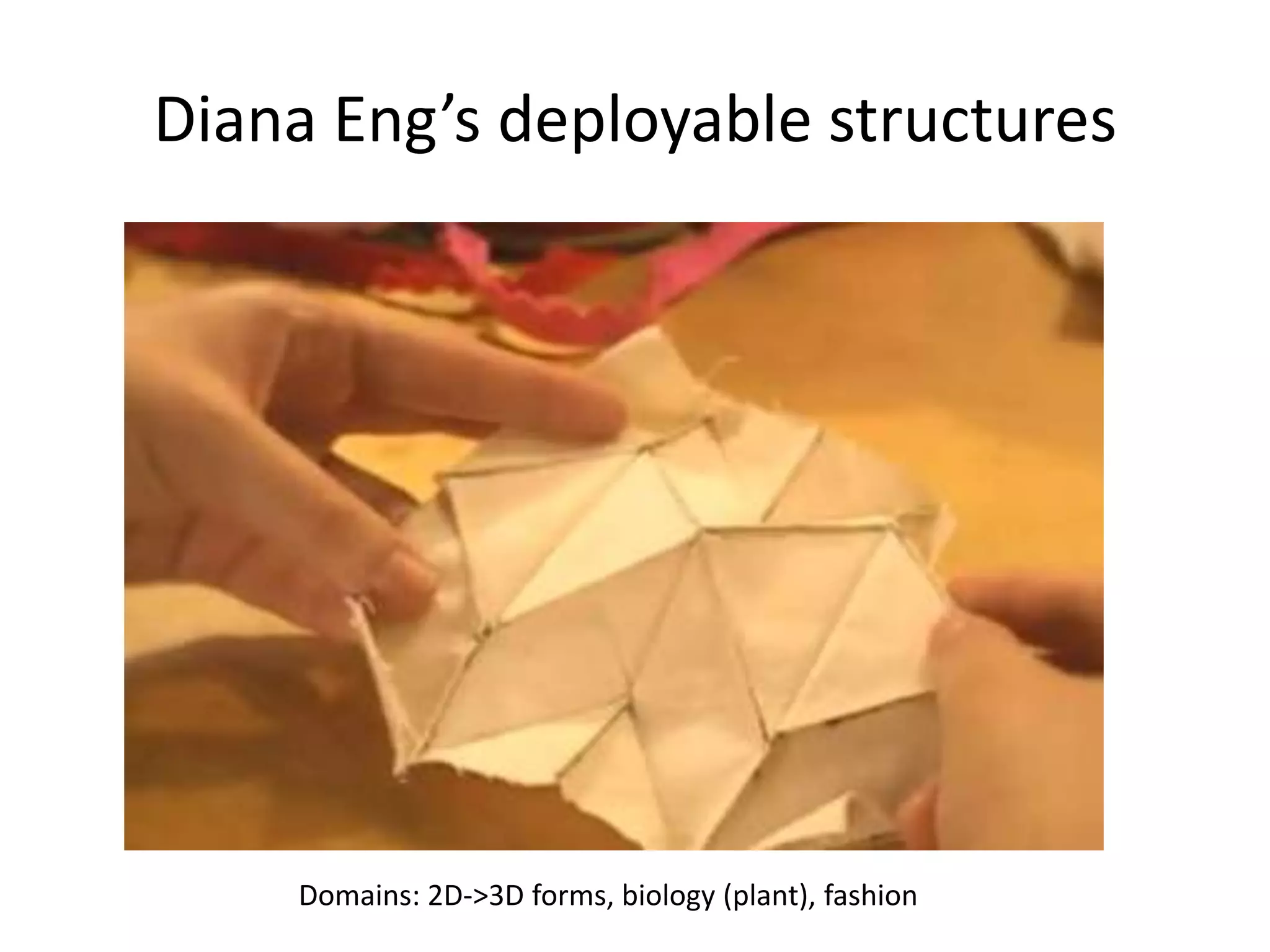Diana Eng’s deployable structuresDomains: 2D->3D forms, biology (plant), fashion