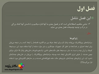 ‫شامل‬ ‫فصل‬ ‫این‬
‫ک‬ ‫آنها‬ ‫دانستن‬ ‫با‬ ‫و‬ ‫میکنیم‬ ‫اشاره‬ ‫آنها‬ ‫به‬ ‫بعدی‬ ‫فصول‬ ‫در‬ ‫که‬ ‫است‬ ‫اصطالحاتی‬ ،‫مفاهیم‬ ‫تمامی‬‫بزرگی‬ ‫مک‬
‫نماید‬ ‫می‬ ‫بعدی‬ ‫فصل‬ ‫توضیحات‬ ‫توجیه‬ ‫و‬ ‫درک‬ ‫در‬.
‫مثال‬:
‫ژنراتورها‬
‫سرامیک‬‫های‬‫پیزوالکتریک‬‫می‬‫توانند‬‫ولتاژ‬‫الزم‬‫برای‬‫ایجاد‬‫جرقه‬‫بین‬‫دو‬‫الکترود‬‫فاصله‬‫دار‬‫را‬‫ایجاد‬‫کنند‬‫و‬‫در‬‫نت‬‫یجه‬‫می‬‫توان‬
‫برای‬‫ایجاد‬‫احتراق‬‫در‬‫فندک‬،‫ها‬‫فر‬‫اجاق‬،‫گاز‬‫تجهیزات‬‫جوشکاری‬‫و‬‫سایر‬‫موارد‬‫مشابه‬‫از‬‫آنها‬‫استفاده‬‫نمود‬.‫این‬‫سیست‬‫م‬،‫ها‬
‫کوچک‬‫و‬‫ارزان‬‫بوده‬‫و‬‫نسبت‬‫به‬‫سایر‬‫سیستم‬،‫ها‬‫نظیر‬‫مگنت‬‫های‬،‫دائمی‬‫ترانسفورماتورها‬‫و‬‫خازن‬‫های‬‫ولتاژ‬‫باال‬‫دارای‬‫مزایای‬
‫مهمی‬‫هستند‬.‫از‬‫طرفی‬‫انرژی‬‫الکتریکی‬‫ایجاد‬‫شده‬‫بوسیله‬‫سرامیک‬‫های‬‫پیزوالکتریک‬‫را‬‫می‬‫توان‬‫در‬‫خازن‬‫های‬‫چند‬‫الیه‬‫ای‬
‫ذخیره‬‫کرد‬.‫این‬‫ژنراتورهای‬‫چندالیه‬،‫ای‬‫باتری‬‫های‬‫حالت‬‫جامد‬‫فوق‬‫العاده‬‫ایی‬‫هستند‬‫و‬‫در‬‫مدار‬‫های‬‫الکترونیکی‬‫مورد‬‫اس‬‫تفاده‬
‫قرار‬‫می‬‫گیرند‬[1].
 