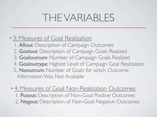 THE VARIABLES
• 3: Measures of Goal Realization
1. Allout: Description of Campaign Outcomes
2. Goalout: Description of Cam...