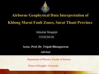 Akkaluk Moppijit
5210220120
1
Assoc. Prof. Dr. Tripob Bhongsuwan
Advisor
Department of Physics, Faculty of Science
Prince of Songkla University University
 