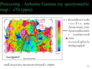 ตำแหน่งที่คำดว่ำ จะเป็น
ร อ ย เ ลื่ อ น KMFZ
(ไตรภพ และคณะ, 2556)
ตำแหน่งรอยเลื่อน KMFZ
( กรมทรัพยำกรธรณี
,2550)
ตำแหน่งน้ ำพุร้อนใน
จังหวัดสุรำษฎร์ธำนี
34แผนที่ eTh Grid 500 x 500 เมตรมำตรำส่วนแผนที่ 1: 1000000
 