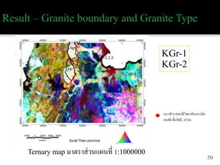 50
Ternary map มำตรำส่วนแผนที่ 1:1000000
KGr-1
KGr-2
แนวสำรวจธรณีวิทยำหินแกรนิต
(ธงชัย พึ่งรัศมี, 2538)
 